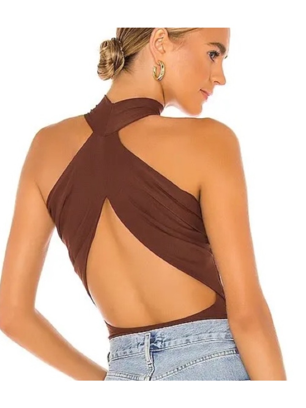 ALIX NYC Bentley High Neck Open Back Bodysuit in Cocoa Brown